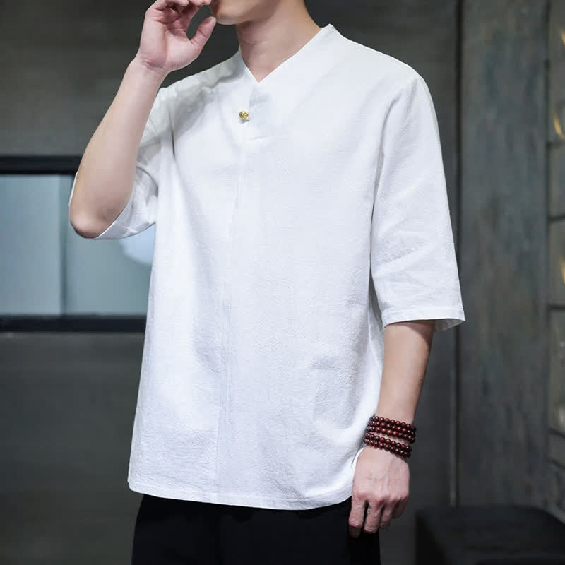 Nimara Ritual Summer Casual Tang Style Mandarin Collar Solid Men's Short Sleeve Shirts