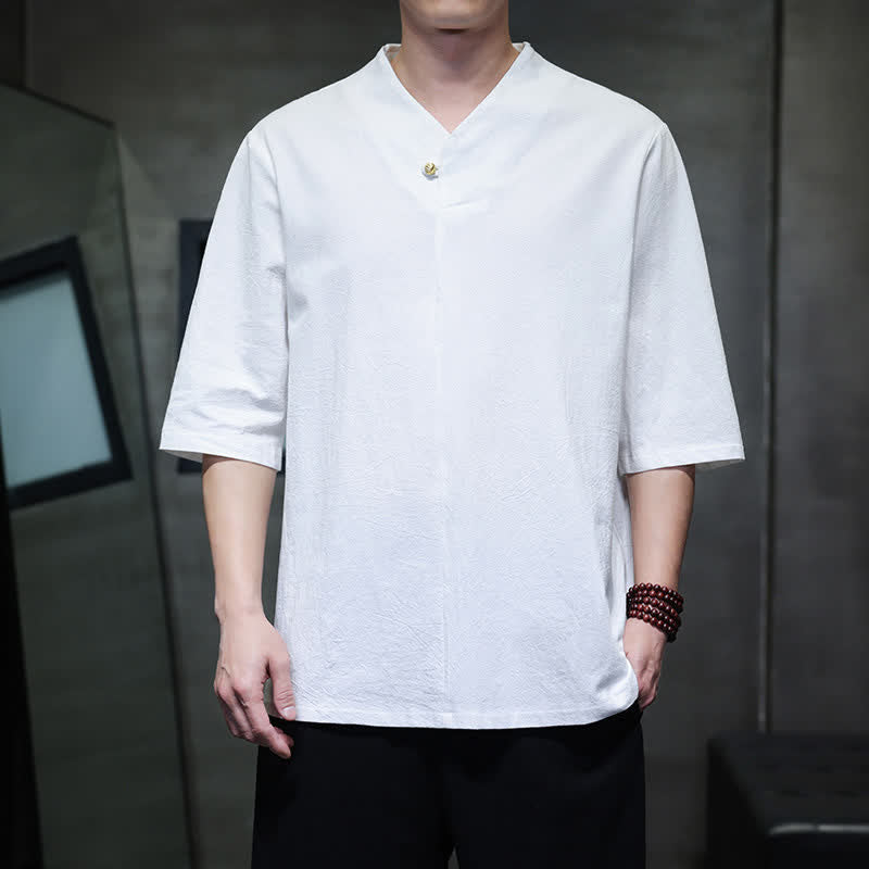 Nimara Ritual Summer Casual Tang Style Mandarin Collar Solid Men's Short Sleeve Shirts