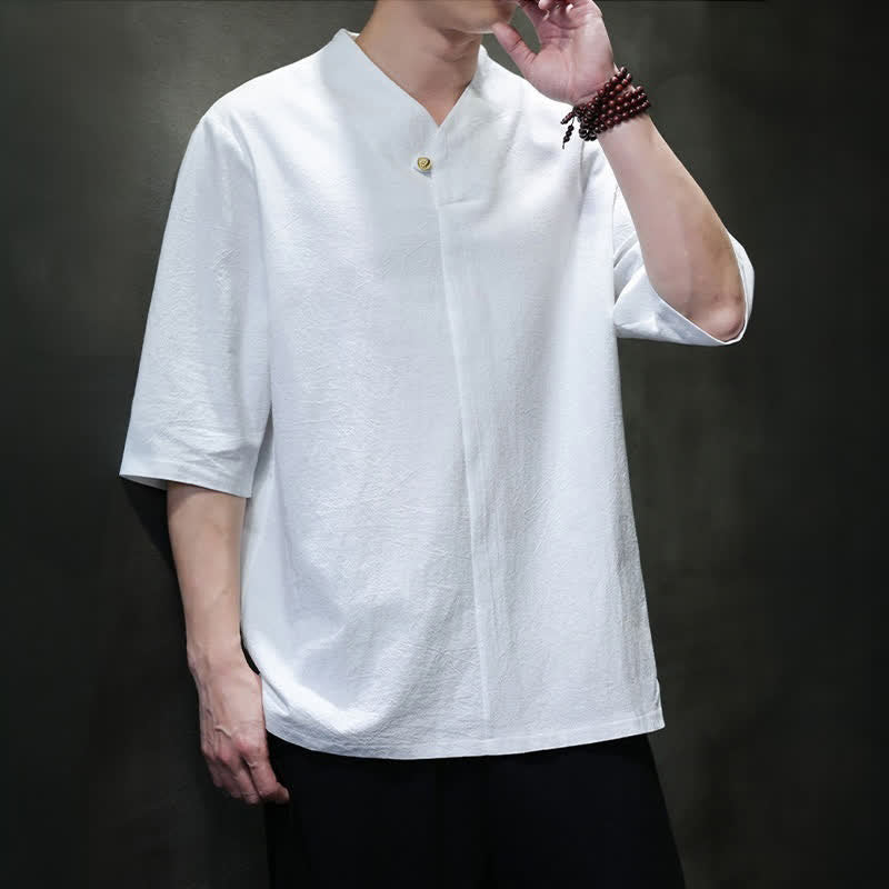 Nimara Ritual Summer Casual Tang Style Mandarin Collar Solid Men's Short Sleeve Shirts