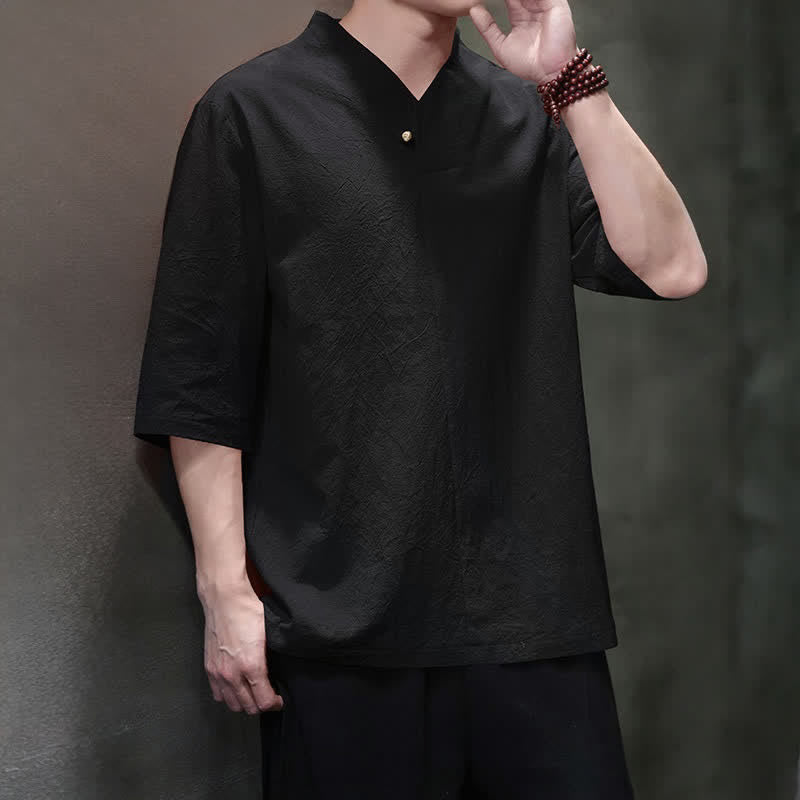 Nimara Ritual Summer Casual Tang Style Mandarin Collar Solid Men's Short Sleeve Shirts