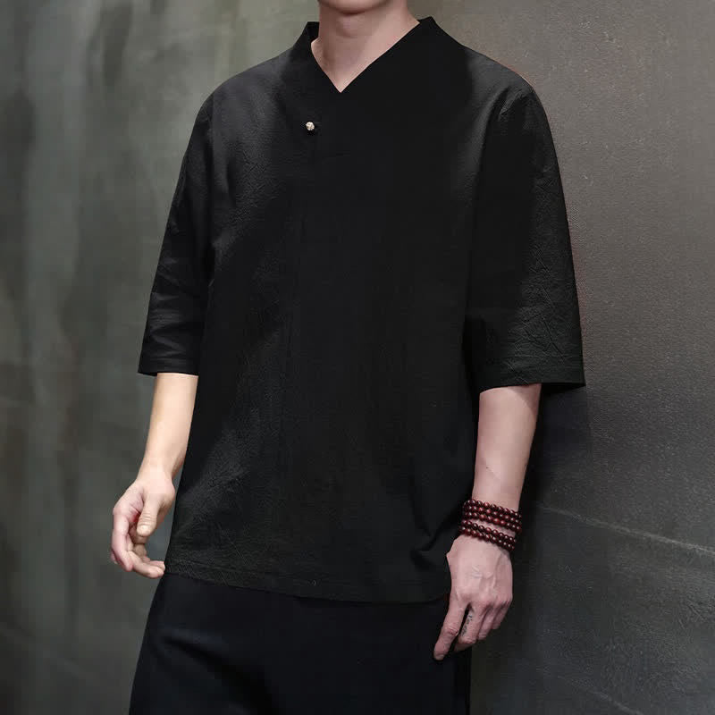 Nimara Ritual Summer Casual Tang Style Mandarin Collar Solid Men's Short Sleeve Shirts
