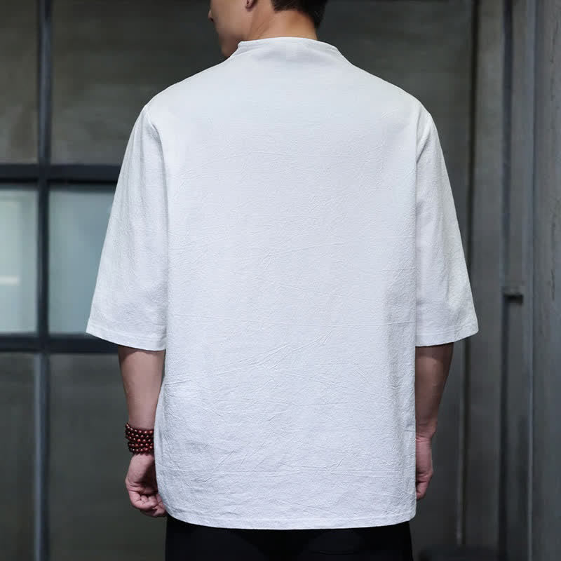 Nimara Ritual Summer Casual Tang Style Mandarin Collar Solid Men's Short Sleeve Shirts