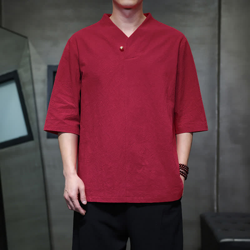 Nimara Ritual Summer Casual Tang Style Mandarin Collar Solid Men's Short Sleeve Shirts