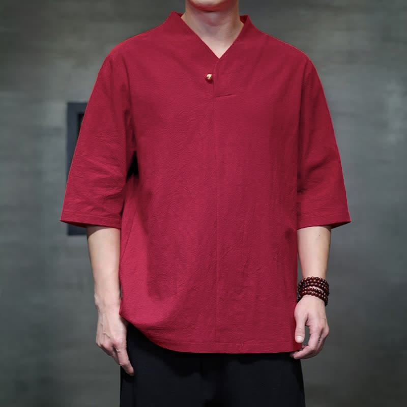 Nimara Ritual Summer Casual Tang Style Mandarin Collar Solid Men's Short Sleeve Shirts