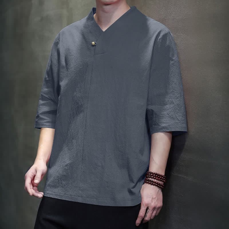 Nimara Ritual Summer Casual Tang Style Mandarin Collar Solid Men's Short Sleeve Shirts