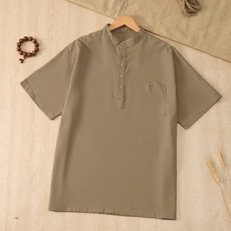 Nimara Ritual Summer Casual Tang Style Mandarin Collar Solid Men's Short Sleeve Shirts With Pocket