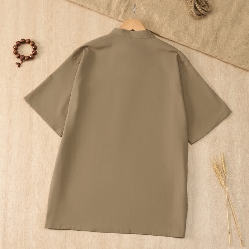 Nimara Ritual Summer Casual Tang Style Mandarin Collar Solid Men's Short Sleeve Shirts With Pocket