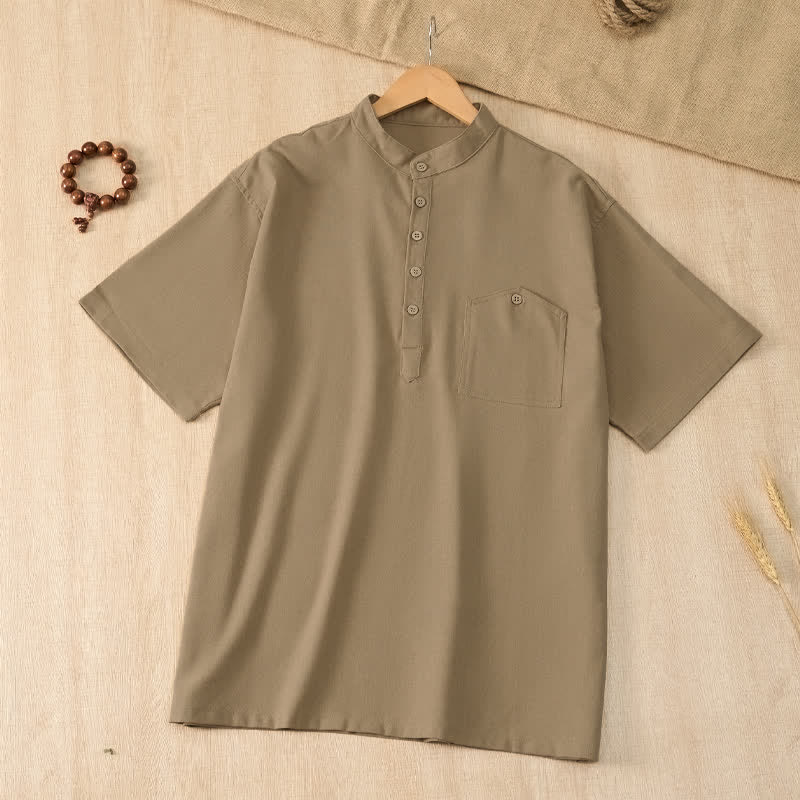 Nimara Ritual Summer Casual Tang Style Mandarin Collar Solid Men's Short Sleeve Shirts With Pocket