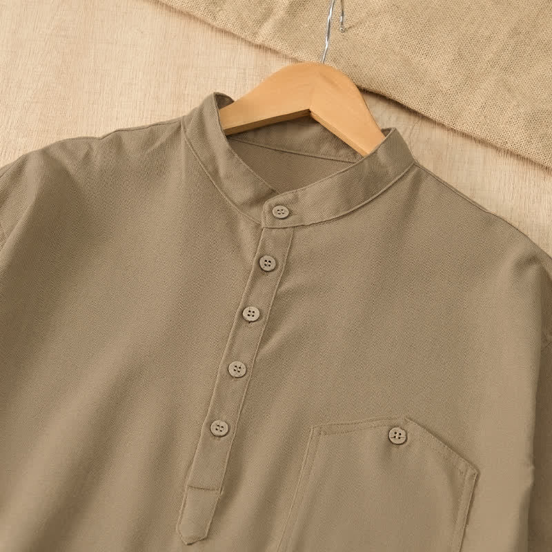Nimara Ritual Summer Casual Tang Style Mandarin Collar Solid Men's Short Sleeve Shirts With Pocket
