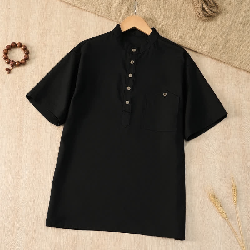 Nimara Ritual Summer Casual Tang Style Mandarin Collar Solid Men's Short Sleeve Shirts With Pocket