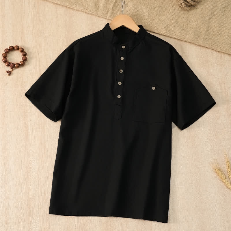 Nimara Ritual Summer Casual Tang Style Mandarin Collar Solid Men's Short Sleeve Shirts With Pocket