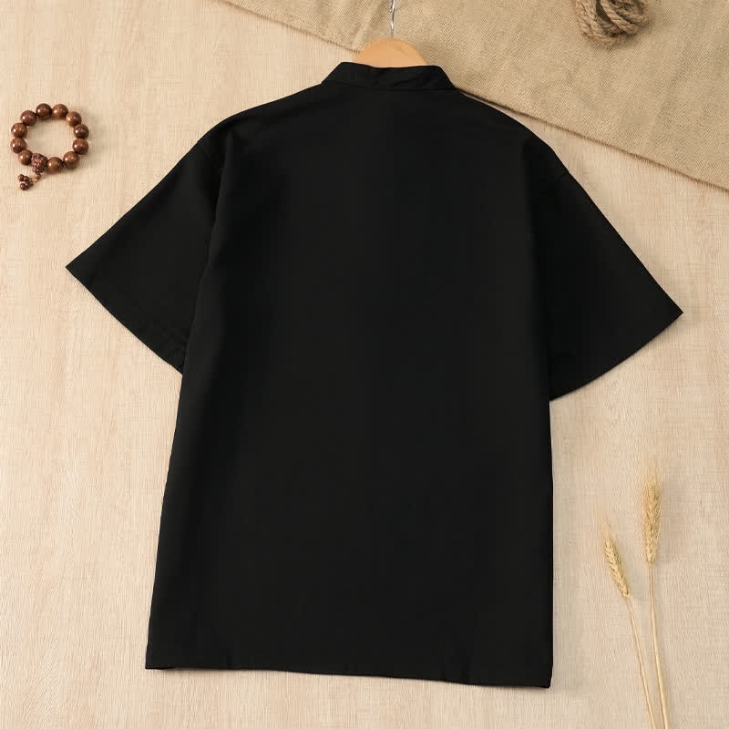 Nimara Ritual Summer Casual Tang Style Mandarin Collar Solid Men's Short Sleeve Shirts With Pocket