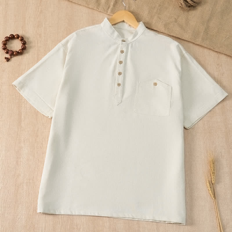Nimara Ritual Summer Casual Tang Style Mandarin Collar Solid Men's Short Sleeve Shirts With Pocket