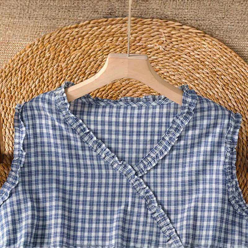 Nimara Ritual Summer Casual Vintage Ruffle V-Neck Plaid Tank Top Women's Sleeveless T-Shirts