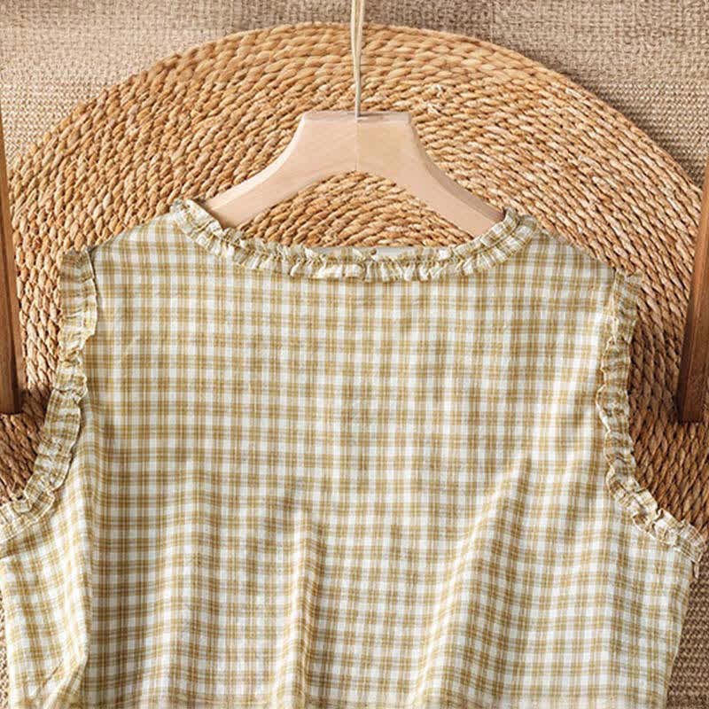 Nimara Ritual Summer Casual Vintage Ruffle V-Neck Plaid Tank Top Women's Sleeveless T-Shirts