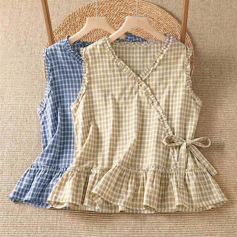 Nimara Ritual Summer Casual Vintage Ruffle V-Neck Plaid Tank Top Women's Sleeveless T-Shirts