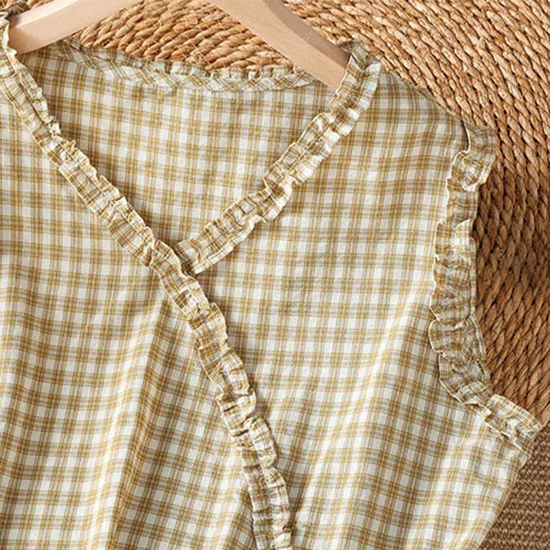 Nimara Ritual Summer Casual Vintage Ruffle V-Neck Plaid Tank Top Women's Sleeveless T-Shirts