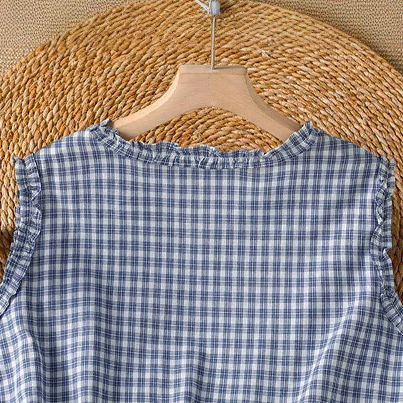 Nimara Ritual Summer Casual Vintage Ruffle V-Neck Plaid Tank Top Women's Sleeveless T-Shirts