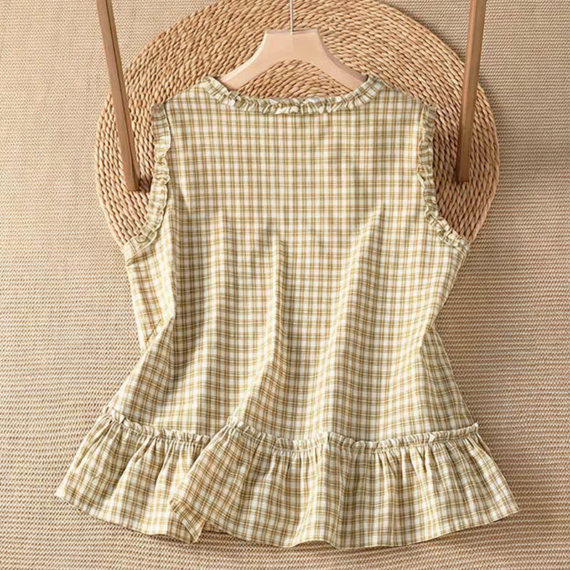 Nimara Ritual Summer Casual Vintage Ruffle V-Neck Plaid Tank Top Women's Sleeveless T-Shirts