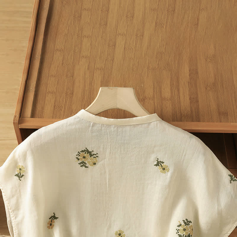 Nimara Ritual Summer Casual Tang Style Mandarin Collar Embroidery Floral Tank Top Women's Sleeveless Shirts
