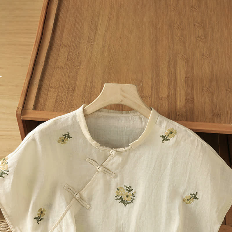 Nimara Ritual Summer Casual Tang Style Mandarin Collar Embroidery Floral Tank Top Women's Sleeveless Shirts
