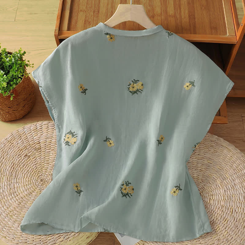 Nimara Ritual Summer Casual Tang Style Mandarin Collar Embroidery Floral Tank Top Women's Sleeveless Shirts