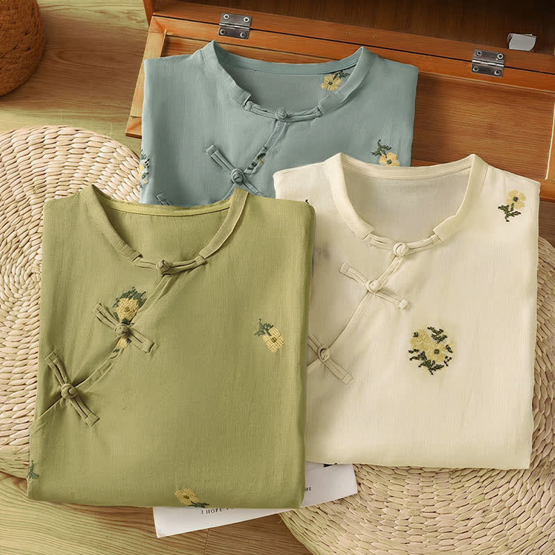 Nimara Ritual Summer Casual Tang Style Mandarin Collar Embroidery Floral Tank Top Women's Sleeveless Shirts