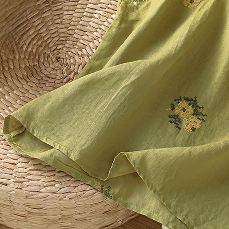 Nimara Ritual Summer Casual Tang Style Mandarin Collar Embroidery Floral Tank Top Women's Sleeveless Shirts