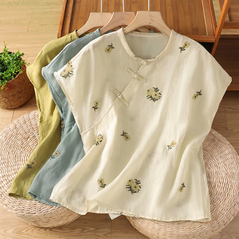 Nimara Ritual Summer Casual Tang Style Mandarin Collar Embroidery Floral Tank Top Women's Sleeveless Shirts