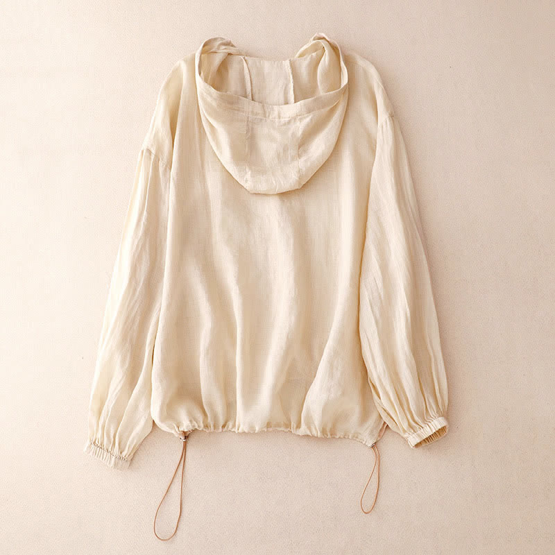 Nimara Ritual Summer Casual Minimalist Button-Up Drawstring Solid Women's Long Sleeve Shirts With Pocket