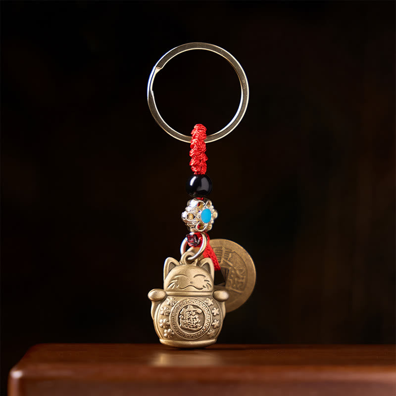 Nimara Ritual Feng Shui Five Emperor Coins Lucky Cat Money Wealth Keychain