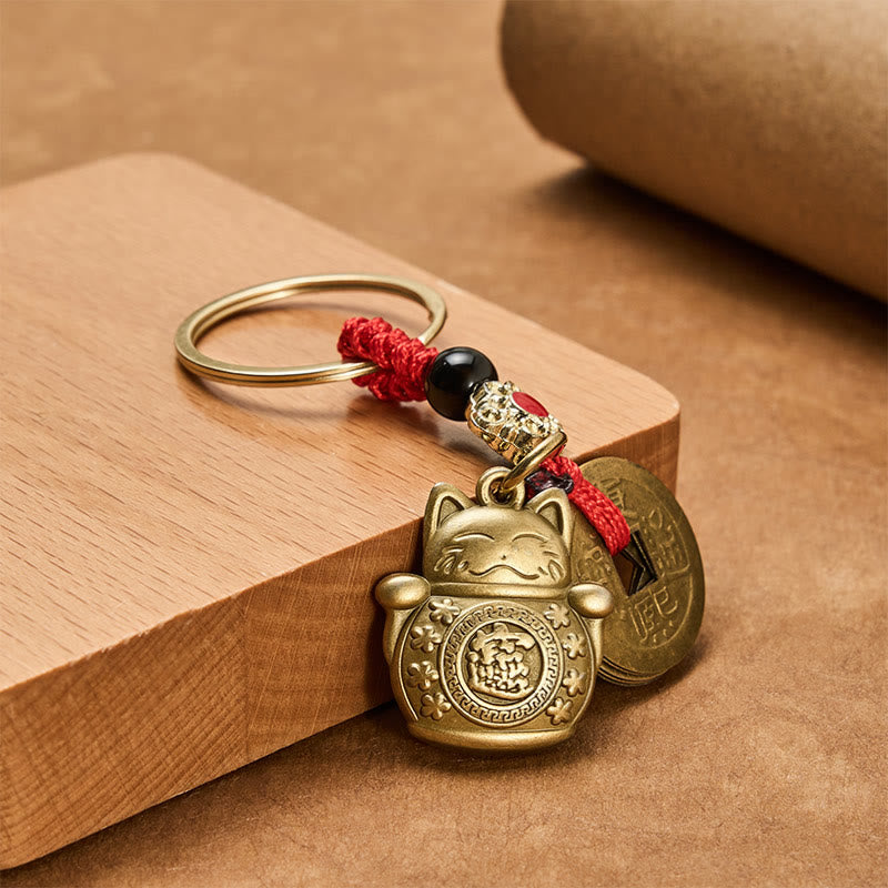Nimara Ritual Feng Shui Five Emperor Coins Lucky Cat Money Wealth Keychain