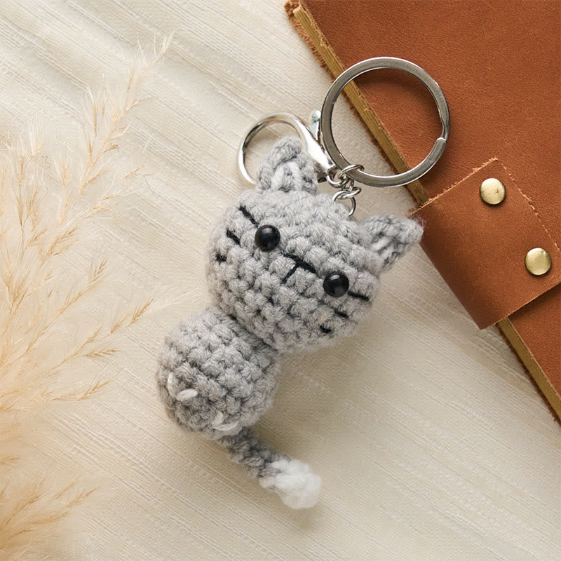 Nimara Ritual Handmade Crochet Light Gray Cute Cat Charm Gift Keychains