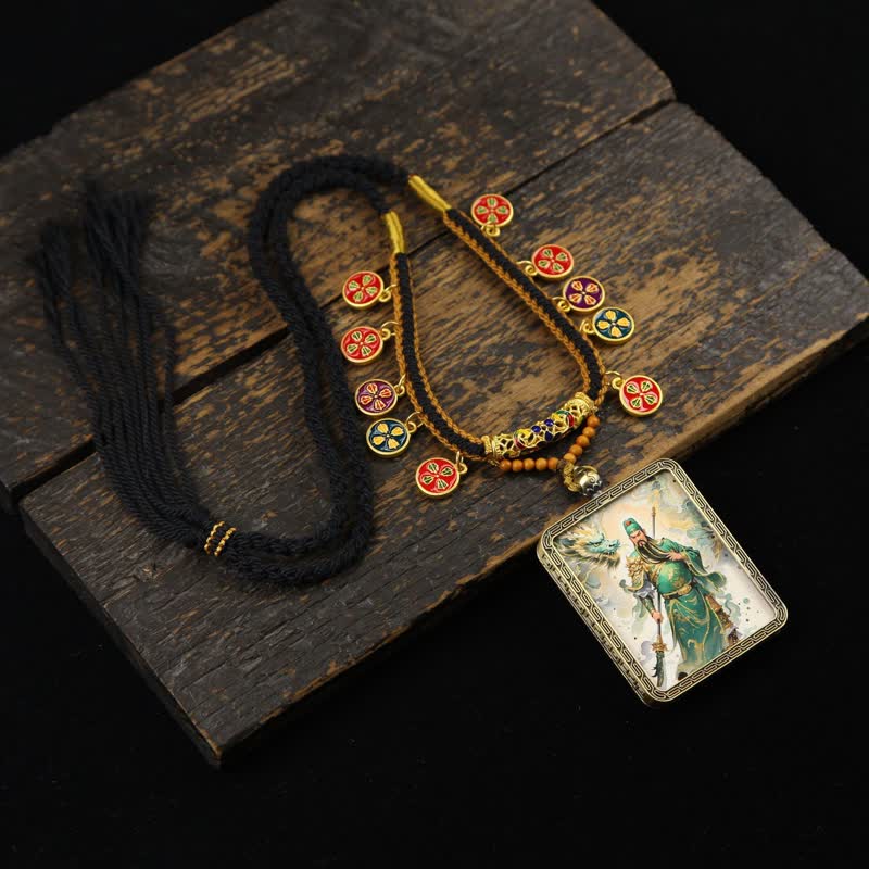 Nimara Ritual Copper Lord Guan Protection Braided Tassel Thangka Necklace