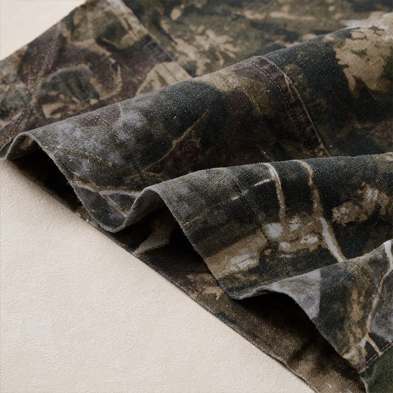 Nimara Ritual Summer Casual Athletic Drawstring Camouflage Leaves Cotton Ramie Men's Shorts With Pockets