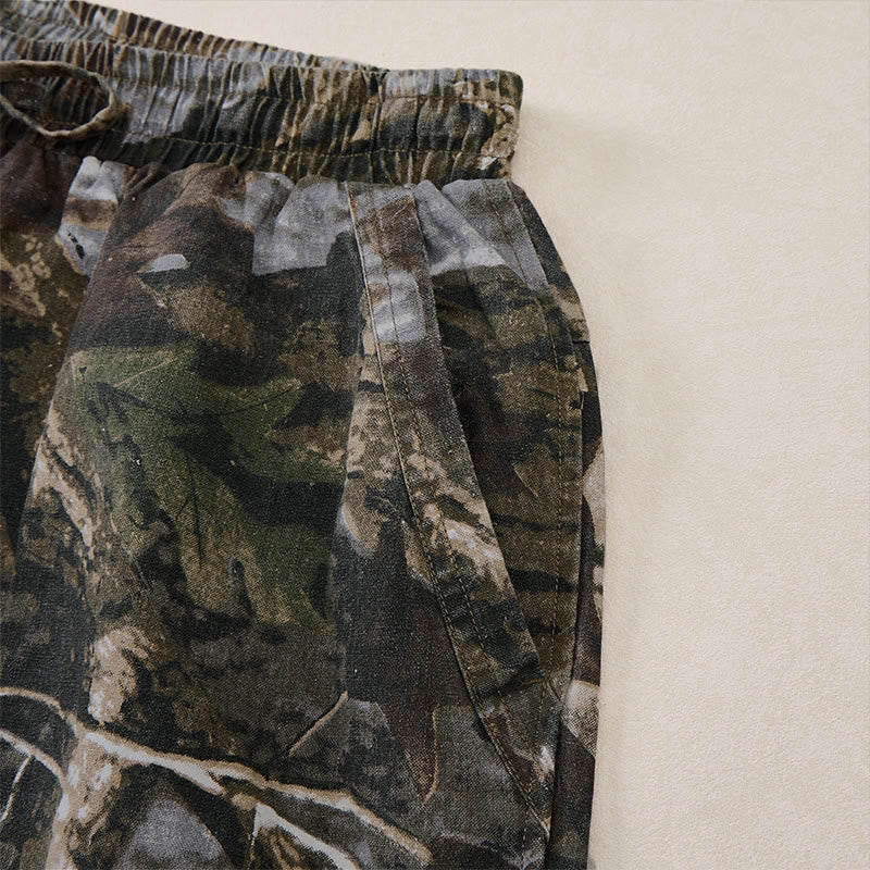 Nimara Ritual Summer Casual Athletic Drawstring Camouflage Leaves Cotton Ramie Men's Shorts With Pockets
