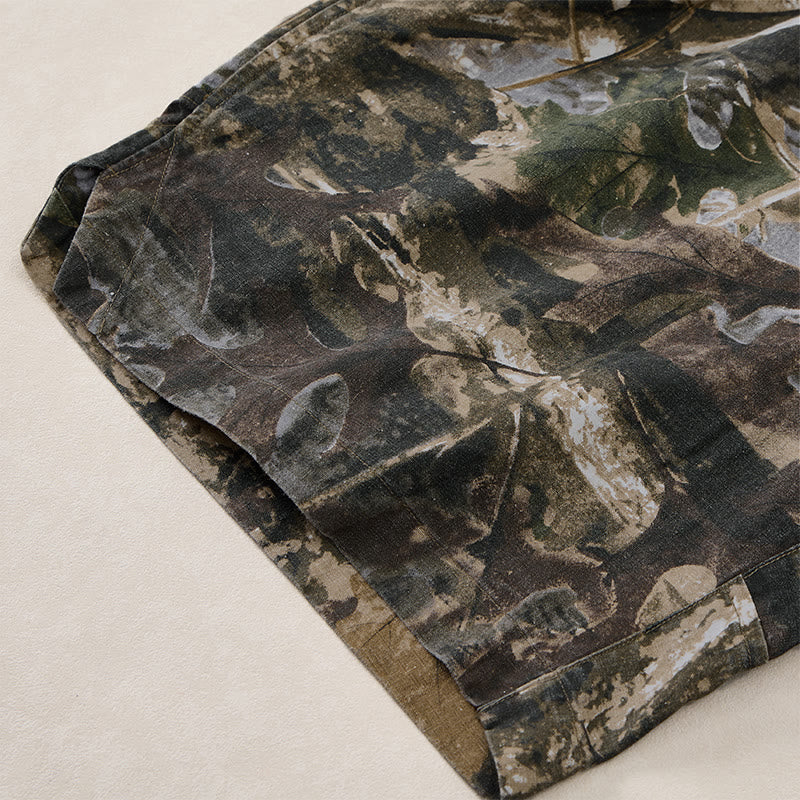 Nimara Ritual Summer Casual Athletic Drawstring Camouflage Leaves Cotton Ramie Men's Shorts With Pockets