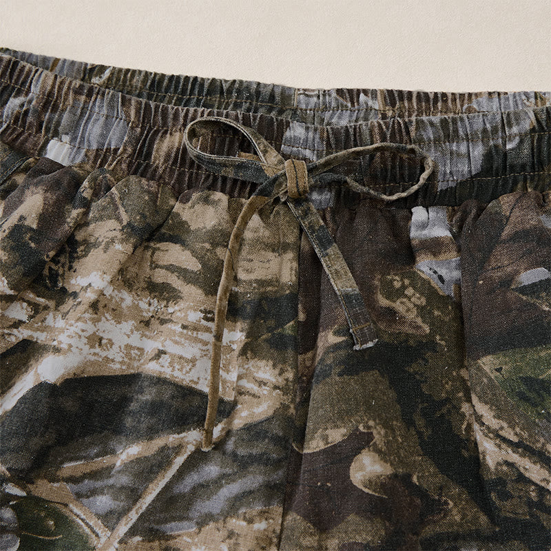 Nimara Ritual Summer Casual Athletic Drawstring Camouflage Leaves Cotton Ramie Men's Shorts With Pockets