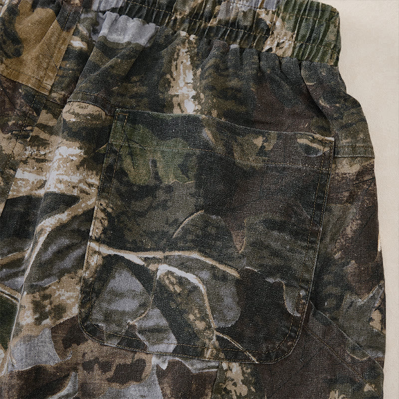 Nimara Ritual Summer Casual Athletic Drawstring Camouflage Leaves Cotton Ramie Men's Shorts With Pockets