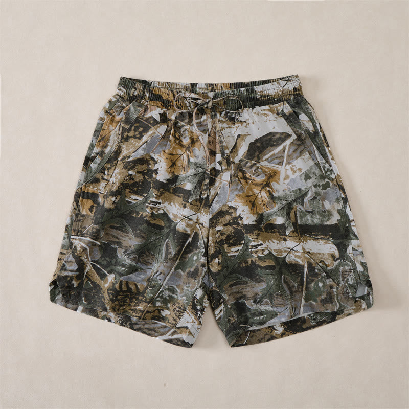 Nimara Ritual Summer Casual Athletic Drawstring Camouflage Leaves Cotton Ramie Men's Shorts With Pockets