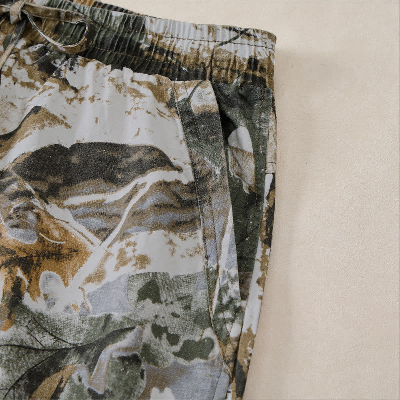 Nimara Ritual Summer Casual Athletic Drawstring Camouflage Leaves Cotton Ramie Men's Shorts With Pockets