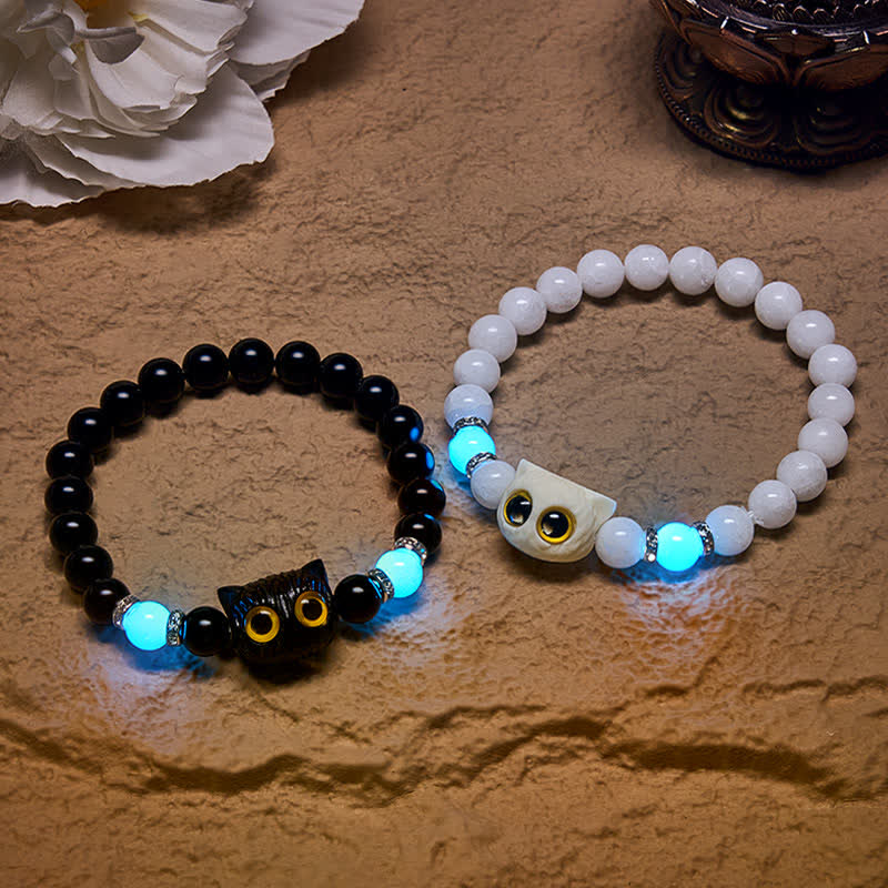 Nimara Ritual Black Obsidian White Chalcedony Big-Eye Cat Head Purity Bead Bracelet