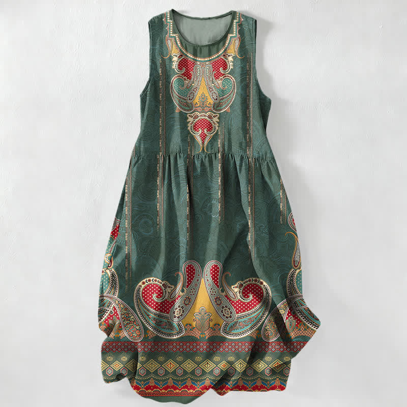 Nimara Ritual Summer Casual Persian Paisley Border Pattern Women's Summer Sleeveless Midi Dress With Pockets