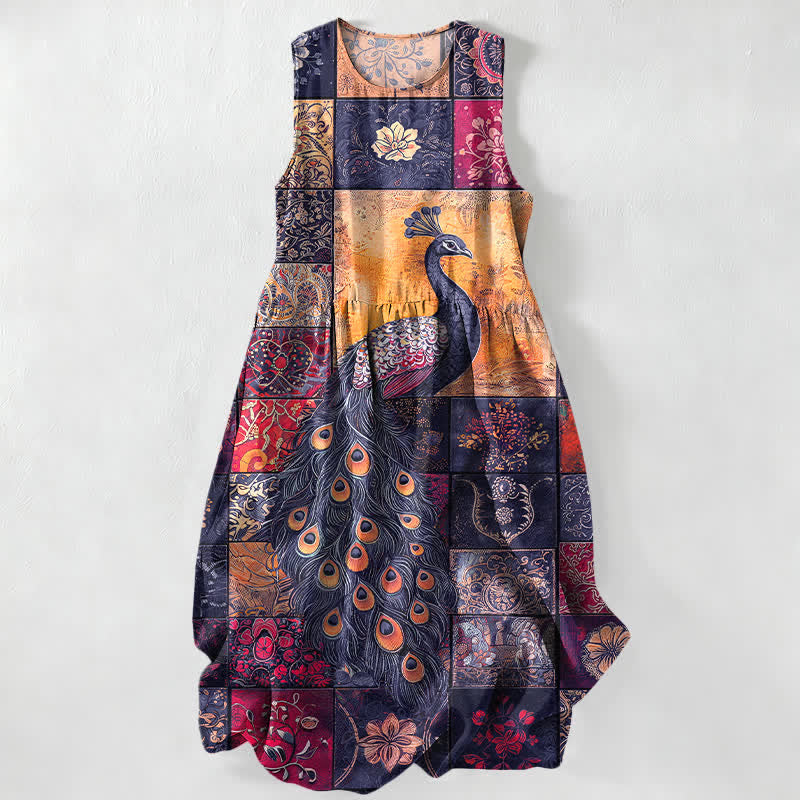 Nimara Ritual Summer Casual Peacock Patchwork Pattern Women's Summer Sleeveless Midi Dress With Pockets