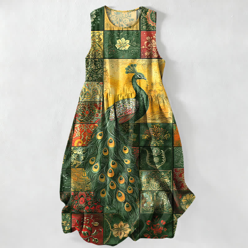 Nimara Ritual Summer Casual Peacock Patchwork Pattern Women's Summer Sleeveless Midi Dress With Pockets