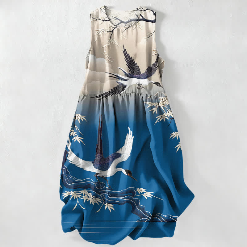 Nimara Ritual Summer Casual Crane Bamboo Pattern Women's Summer Sleeveless Midi Dress With Pockets