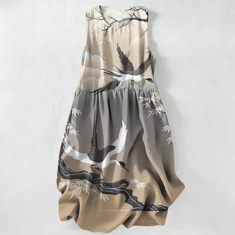 Nimara Ritual Summer Casual Crane Bamboo Pattern Women's Summer Sleeveless Midi Dress With Pockets