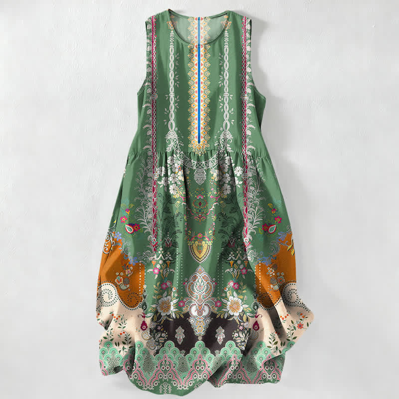 Nimara Ritual Summer Casual Vintage Floral Medallions Leaves Pattern Women's Summer Sleeveless Midi Dress With Pockets
