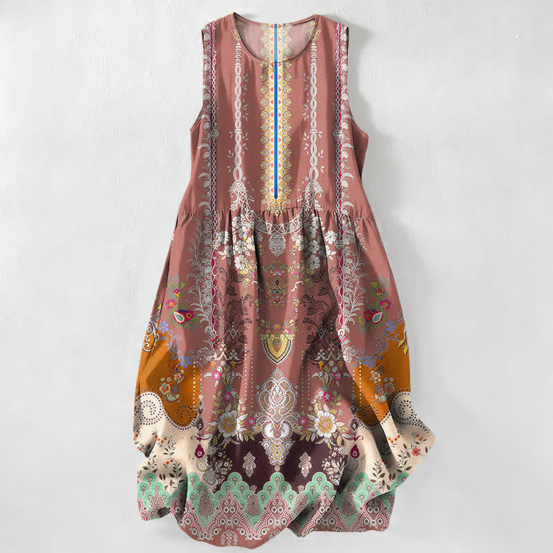 Nimara Ritual Summer Casual Vintage Floral Medallions Leaves Pattern Women's Summer Sleeveless Midi Dress With Pockets