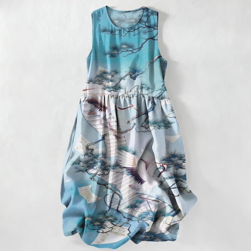 Nimara Ritual Summer Casual Ink Wash Crane Pine Pattern Women's Summer Sleeveless Midi Dress With Pockets